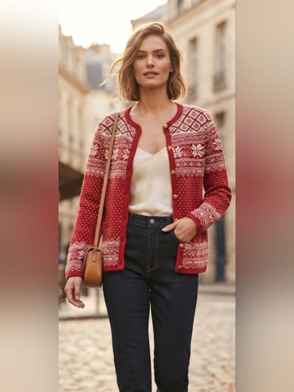 Liz Baker Red and White Fair Isle Button-Front Cardigan